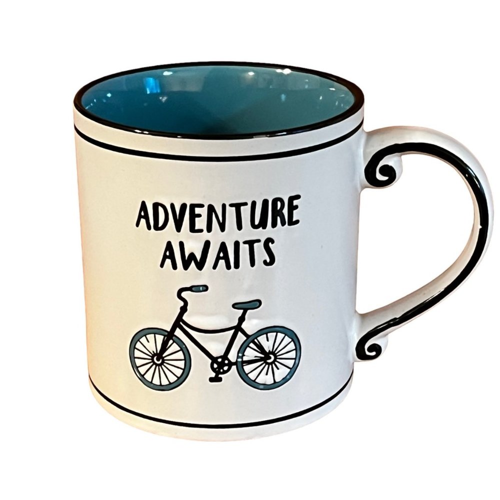 Fisher Stoneware "Adventure Awaits" Turquoise/Black Bicycle Etched Coffee Mug